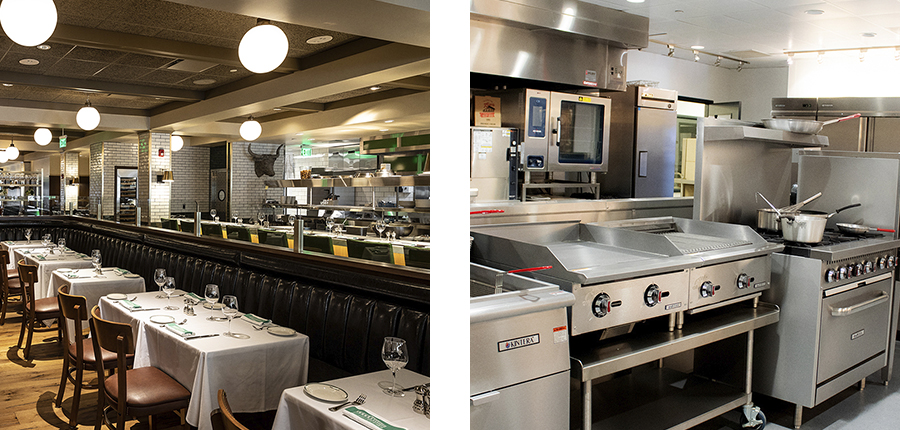 Left: Smith & Wollensky main dining room. Right: The test kitchen at TriMark United East