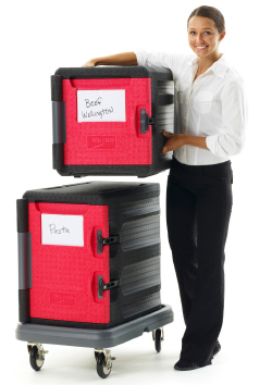 Woman stacking Mighylite insulated pan carriers