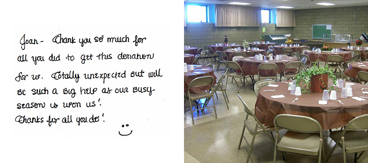 Personal hand-written thank you / Tables set up in a soup kitchen before food is served