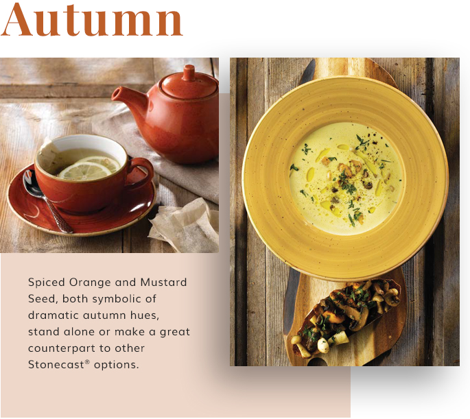 Spiced Orange and Mustard Seed, both symbolic of dramatic autumn hues, stand alone or make a great counterpart to other Stonecast® options.