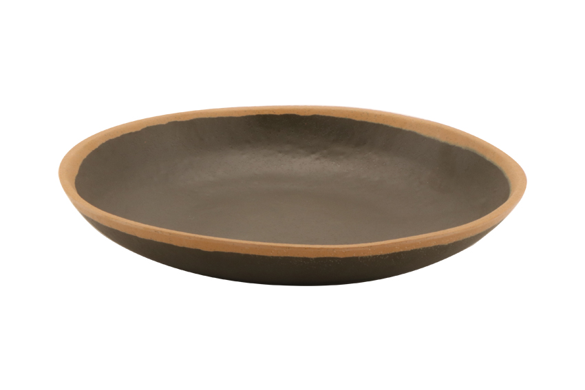 Speckled Taupe pottery plate with dark brown rim detail