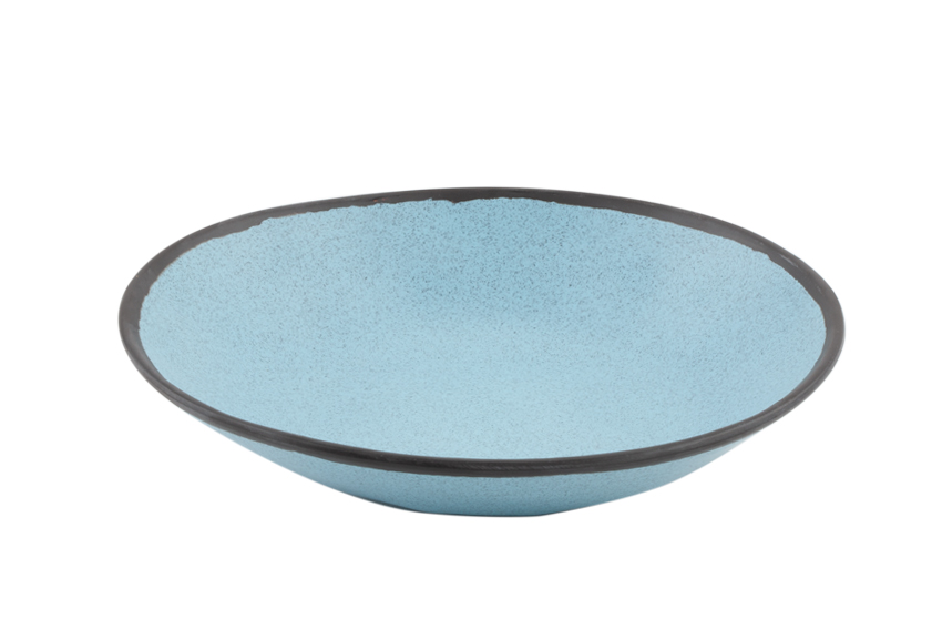 Speckled blueish-grey pottery bowl with dark grey rim detail
