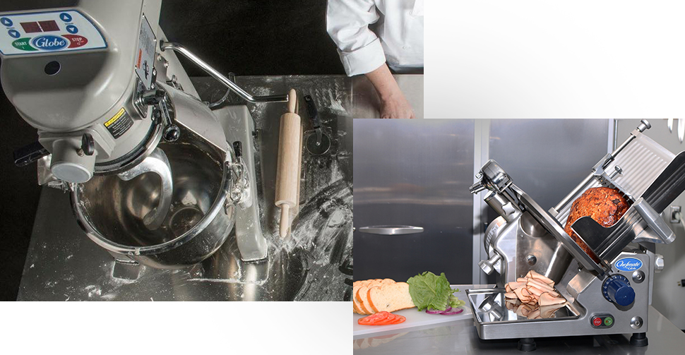 Chef rolling dough next to a Globe mixer and Globe slicer with deli meat