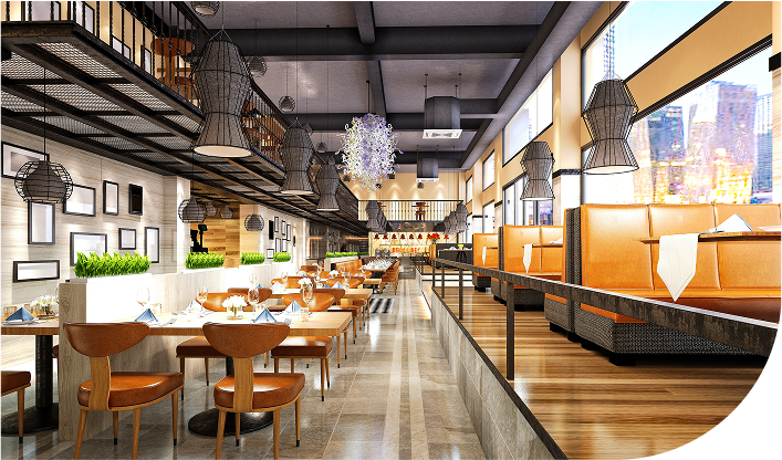 restaurant full length display with tables and booths