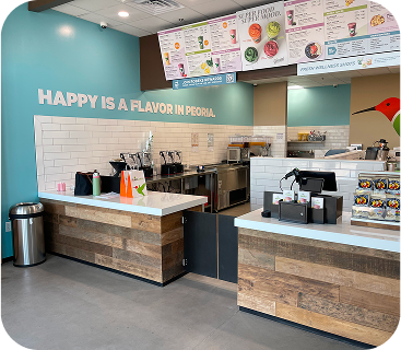 commercial food counter with menus above head